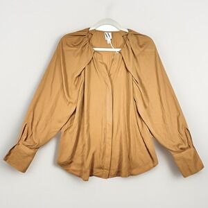 Worthington Tobacco Brown Sheer Boho Bishop Sleeve Blouse M New Button Front Top